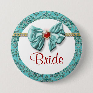 Aqua red gold damask "bridal knoppen" ronde button 7,6 cm