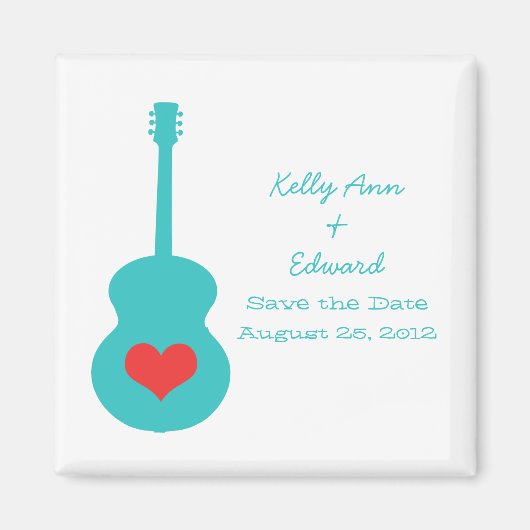 Aqua/Red Guitar Heart Save the Date Magnet (Voorkant)