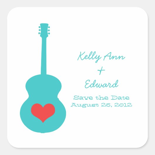 Aqua/Red Guitar Heart Save the Date Stickers (Voorkant)