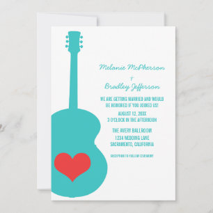 Aqua/Red Guitar Heart Wedding Invite Kaart