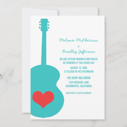 Aqua/Red Guitar Heart Wedding Invite Kaart (Voorkant)