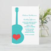 Aqua/Red Guitar Heart Wedding Invite Kaart (Staand voorkant)