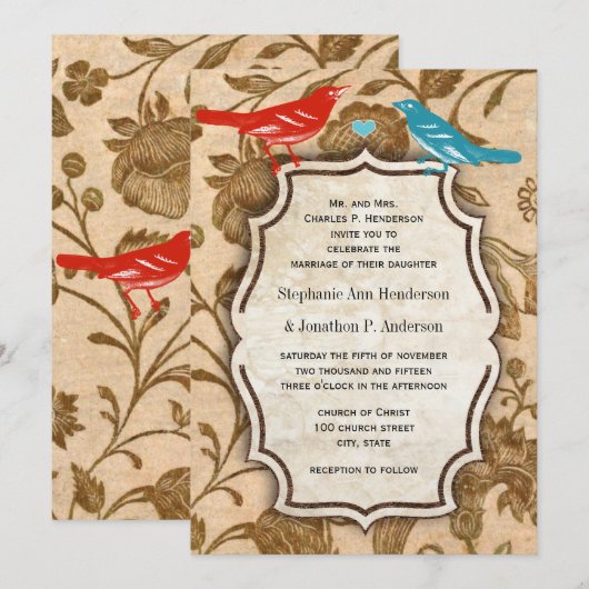 Aqua Red Love Bird Wedtern Kaart (Voorkant / Achterkant)