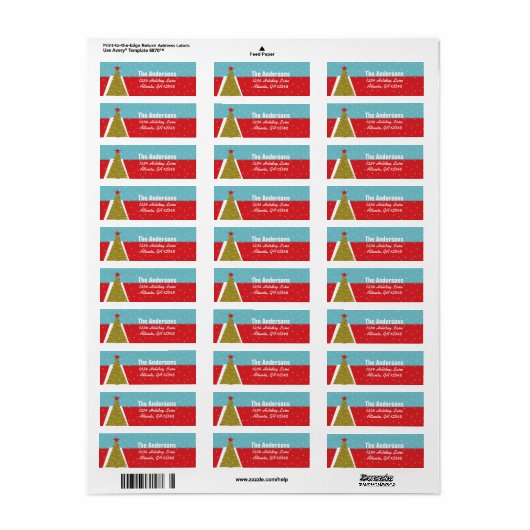 Aqua & Red Retro kerstboomruitadres Etiket (Full Sheet)