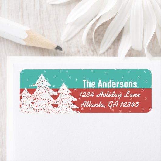 Aqua Red Retro kerstboomruitadres Etiket (Insitu)