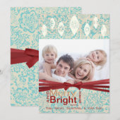 Aqua Red Retro Merry- en Bright Family-fotokaart Feestdagenkaart (Voorkant / Achterkant)