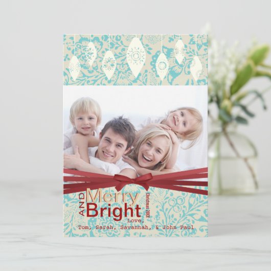 Aqua Red Retro Merry- en Bright Family-fotokaart Feestdagenkaart (Staand voorkant)