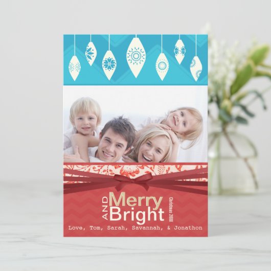 Aqua Red Retro Merry- en Bright Family-fotokaart Feestdagenkaart (Staand voorkant)