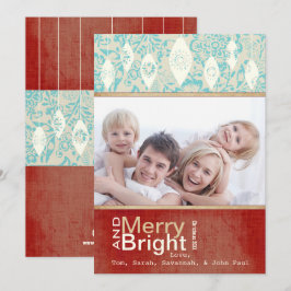 Aqua Red Retro Merry- en Bright Family-fotokaart Feestdagenkaart