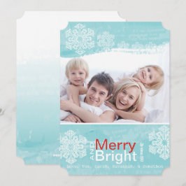 Aqua Red Snowflake Merry Bright Family-fotokaart Feestdagenkaart