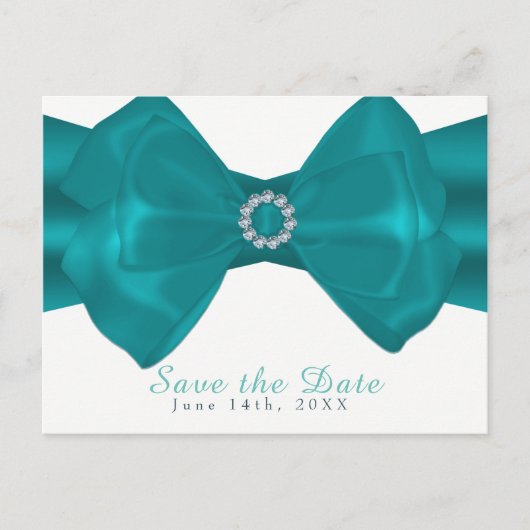Aqua Ribbon & Diamonds Elegant Glam Save the Date Aankondigingskaart (Voorkant)