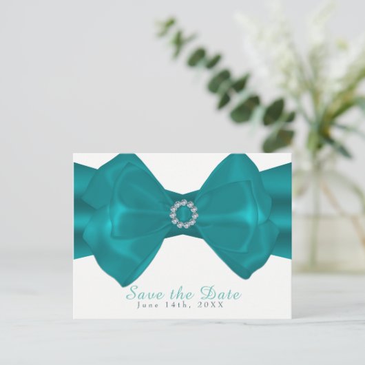 Aqua Ribbon & Diamonds Elegant Glam Save the Date Aankondigingskaart (Staand voorkant)