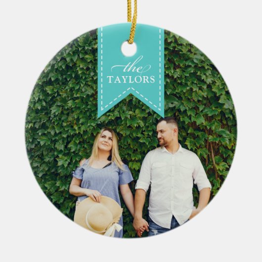 Aqua Ribbon | Holiday-foto Keramisch Ornament (Voorkant)