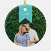 Aqua Ribbon | Holiday-foto Keramisch Ornament (Achterkant)