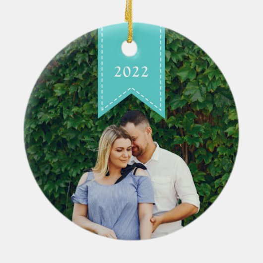 Aqua Ribbon | Holiday-foto Keramisch Ornament (Achterkant)