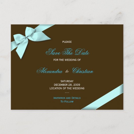 Aqua Ribbon Wedding Save the Date 4 Aankondigingskaart (Voorkant)
