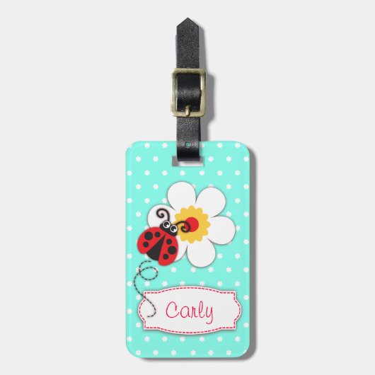 Aqua rode lieveheersbeestje & polka dots genaamd b bagagelabel (Voorkant verticaal)