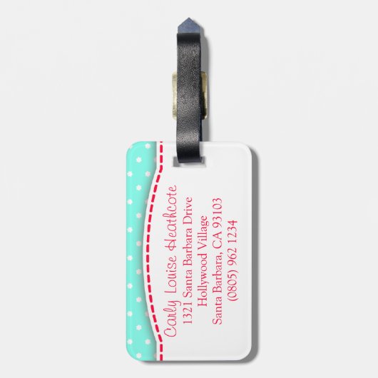 Aqua rode lieveheersbeestje & polka dots genaamd b bagagelabel (Achterkant verticaal)