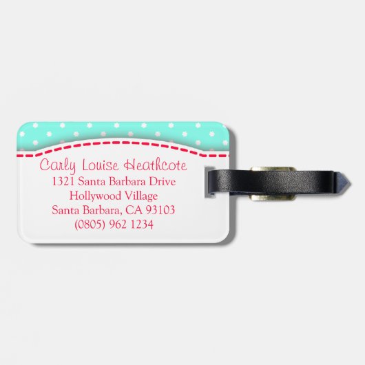 Aqua rode lieveheersbeestje & polka dots genaamd b bagagelabel (Achterkant horizontaal)