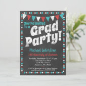 Aqua Rode Schoolbord Afstudeerfeest Uitnodiging (Staand voorkant)