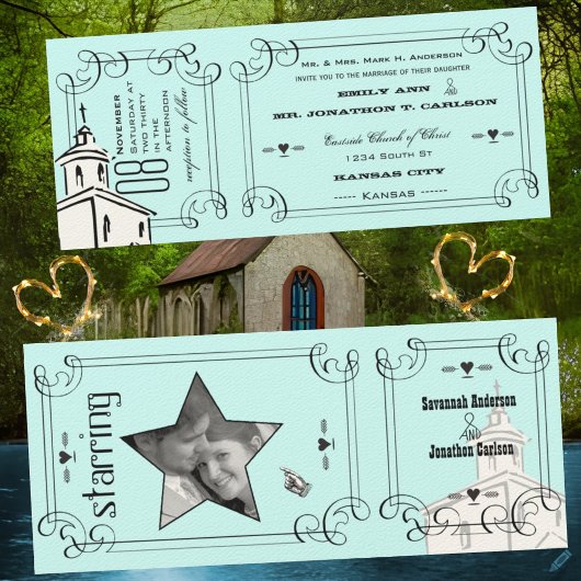 Aqua Romantic Chapel Ticket Wedding Kaart