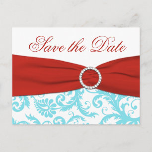 Aqua, rood en wit Damask Save the Date Briefkaart