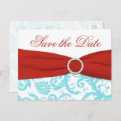 Aqua, rood en wit Damask Save the Date Briefkaart (Voorkant / Achterkant)
