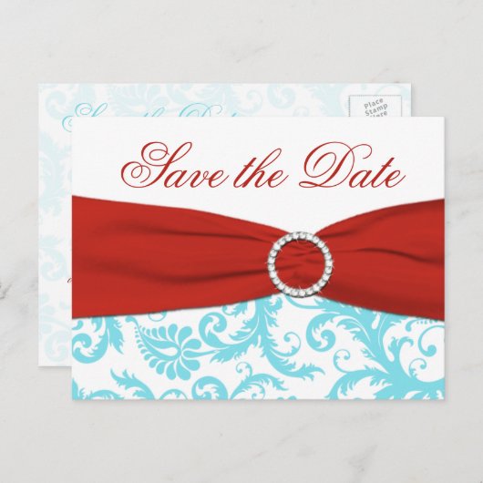 Aqua, rood en wit Damask Save the Date Briefkaart (Voorkant / Achterkant)