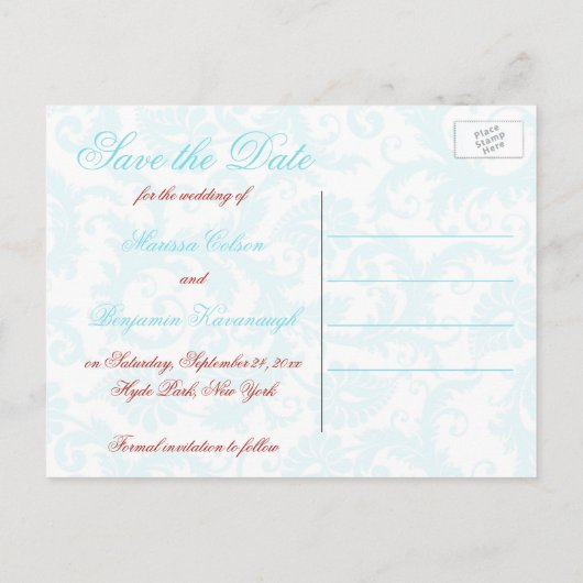 Aqua, rood en wit Damask Save the Date Briefkaart (Achterkant)