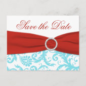 Aqua, rood en wit Damask Save the Date Briefkaart (Voorkant)