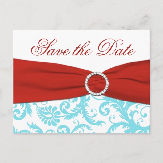 Aqua, rood en wit Damask Save the Date Briefkaart (Voorkant)