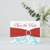 Aqua, rood en wit Damask Save the Date Briefkaart (Staand voorkant)