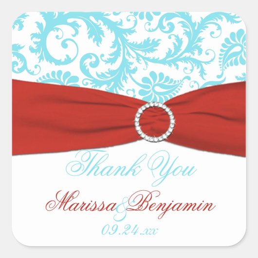 Aqua, Rood, en Witte Damask Bruiloft Favor Sticker (Voorkant)