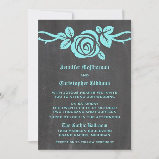 Aqua Roos Chalkboard Wedding Invite Kaart (Voorkant)
