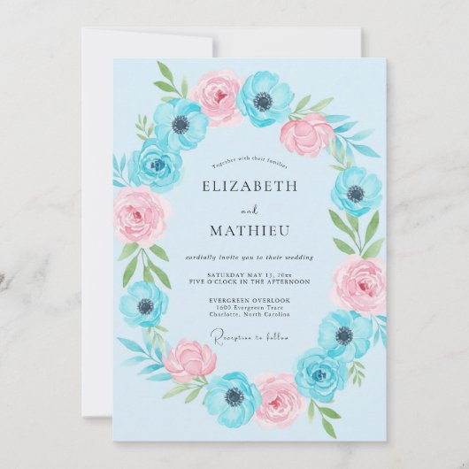 Aqua Roze Anemoon Bruiloft Kaart (Voorkant)