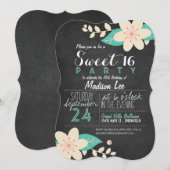 Aqua & Roze Bloemen Krijtbord Sweet 16 Party Kaart (Voorkant / Achterkant)