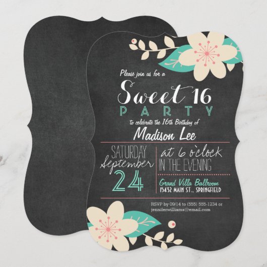Aqua & Roze Bloemen Krijtbord Sweet 16 Party Kaart (Voorkant / Achterkant)
