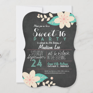 Aqua & Roze Bloemen Krijtbord Sweet 16 Party Kaart