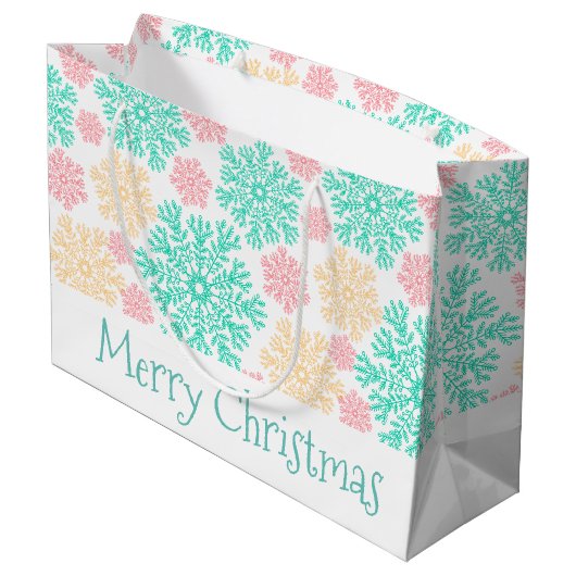 Aqua Roze en Gouden Sneeuwvlokken Kerstmis Large Cadeautasje (Achterkant Gekanteld)