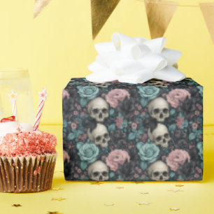 Aqua Roze en Zwarte Goth Bloemen Cadeaupapier