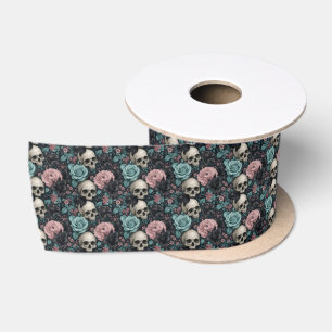 Aqua Roze en Zwarte Gothische Bloemen Satijnen Lint