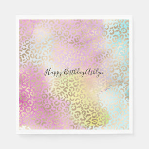 Aqua Roze Geel Goud Leopard Print Waterverf Servet