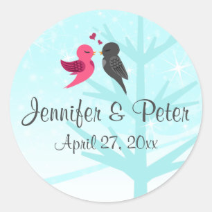 Aqua, Roze, Grijze Lovevogels Wedding Favor Sticke Ronde Sticker