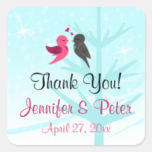 Aqua, Roze, Grijze Lovevogels Wedding Favor Sticke Vierkante Sticker