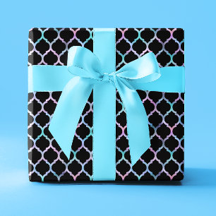 Aqua Roze Iridiserende Folie en Zwarte Quatrefoil Cadeaupapier