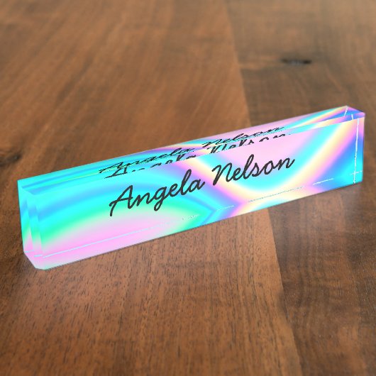 Aqua Roze Iriserende Regenbooggolf Naambordje (Zijkant)