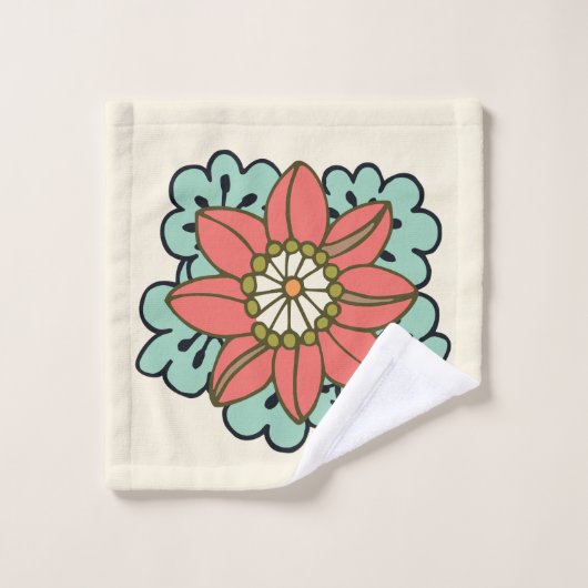 Aqua & Roze Retro Bloemen Handdoek (Wasdoekje)