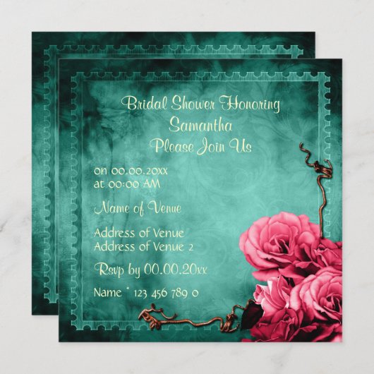 Aqua roze  roos bridal kaart (Voorkant / Achterkant)