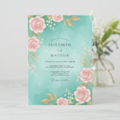 Aqua Roze Waterverf Bruiloft Kaart (Staand voorkant)