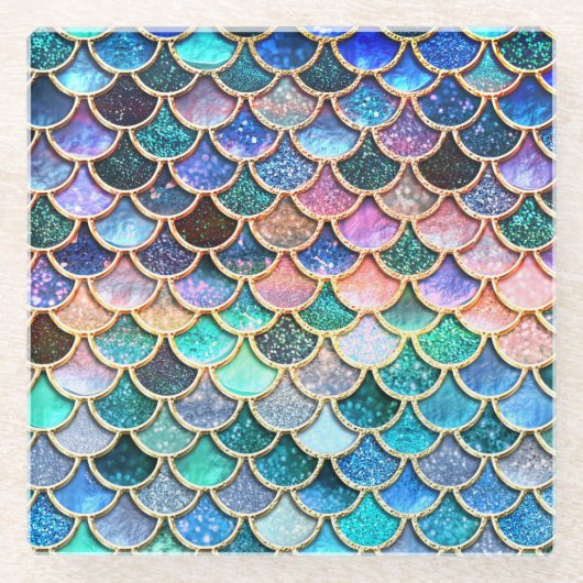 Aqua Roze Zeemeermin Glitter Scales- Zeemeermin Glazen Onderzetter (Voorkant)